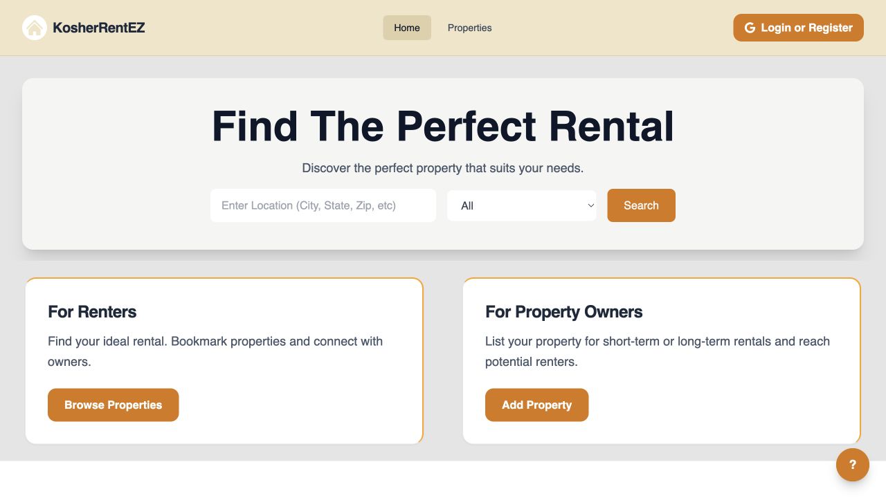 The live KosherRentEZ rental search platform homepage